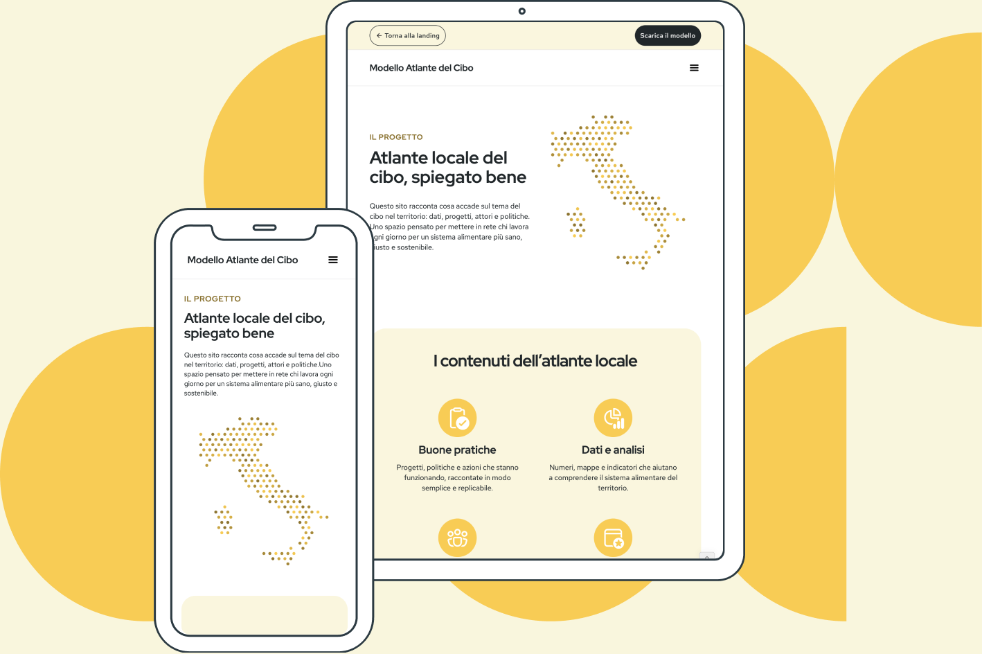 Uno smartphone e un tablet mostrano il sito web del Modello dell'Atlante locale del Cibo